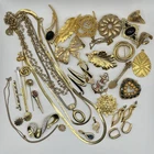 34 pc Vintage Gold Tone Jewelry Mixed Lot Trifari,Monet, Avon, Napier, Unsigned