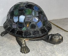 VTG Tiffany Style Blue /Green Multi Glass Turtle Accent Table Top Lamp -754