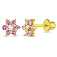 Gold Plated Cubic Zirconia Flower Screw Back Earrings for Toddlers Girls 5mm