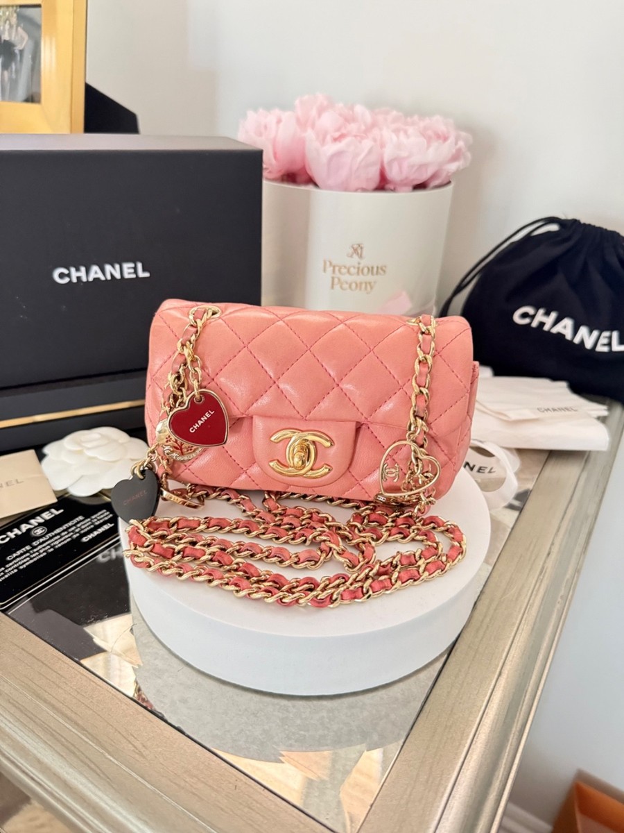 CHANEL Heart Charm Flap Bag Coral Pink Lambskin Gold Chain