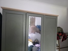 Modern Sage Green 3-Door Shaker Wardrobe with Full Mirror and Gold Bar Handles