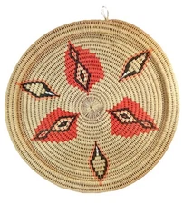 Flat Woven Wicker Southwestern Orange Tan Round Hanging Basket Tray 14”