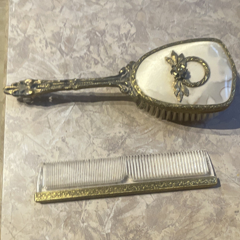 Vintage Vanity Hair Brush & Comb Set with Ornate Floral Metal Handle