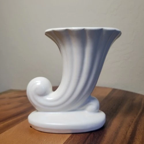 Vintage McCoy Ivory Matte Cornucopia Vase ~ Art Pottery ~ USA Mark ~ 6.5 in