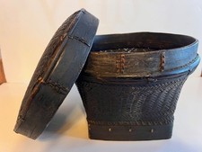 Primitive Antique Vintage Akha Thai Woven Rice Basket with lid, Bamboo Rare