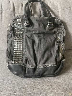DIESEL Divina DenimLeather Tote Bag UnisexBlack Y2K Stylish Japan