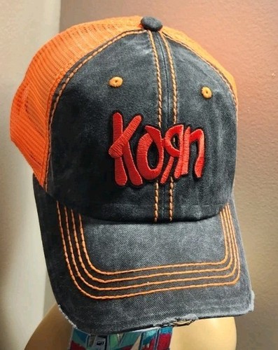Korn Trucker Hat Distressed Baseball Cap Black & Orange Meshed Korn Hat - Picture 3 of 15