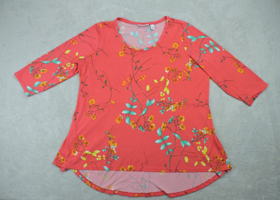 Susan Graver Liquid Knit Top Women 1X Pink Floral USA A-Line 3/4 Sleeve Stretch