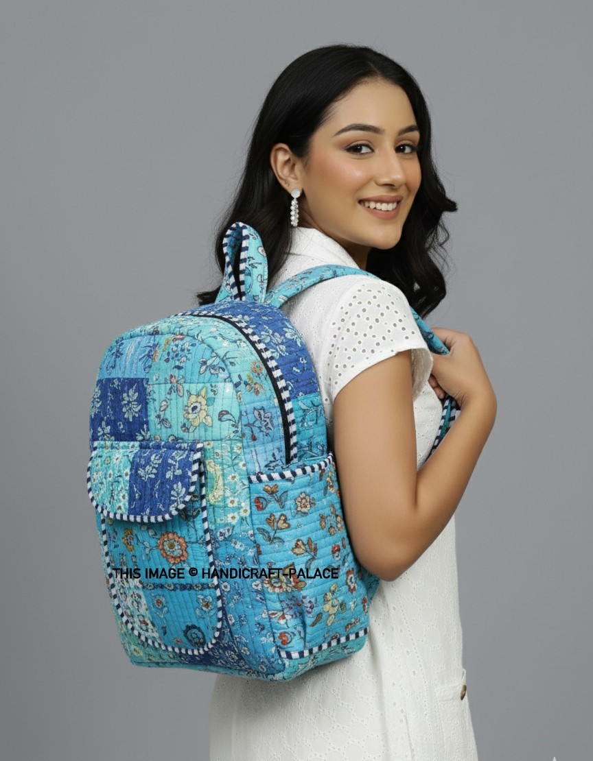 Mochila Turquesa de Algodón Patchwork Boho Bolso Portátil India 2020-2029