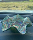Fenton Bowl Green Carnival Glass Vintage Grape Leaf Ruffled 7” Wide