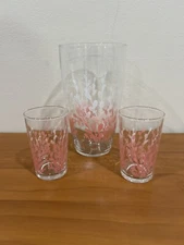 Juice Carafe & Juice Glass Vintage 1950 Federal Glass Pink & White Pussywilllow