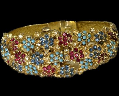 1950s Ciner Vintage Unsigned Hinged watch multicolor Rhinestones Flowers  READ