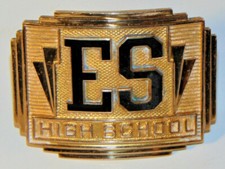 VINTAGE 'ES' HIGH SCHOOL BELT BUCKLE! SHINY SOLID BRASS! GIANT GRIP! MADE IN USA