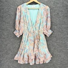 Sienna Sky Dress Women S Small Blue Paisley Sheath Short V-Neck 3/4 Sleeve Lined