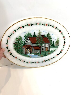 Hand-painted Milk Glass Oval Platter Old Mill Scene 13  x 10 