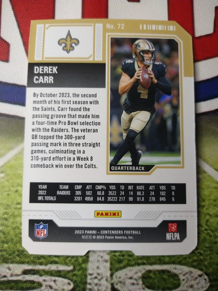 2023 Contenders Derek Carr Season Ticket Stub Parallel #3/4 #72 Saints - Image 4 of 4