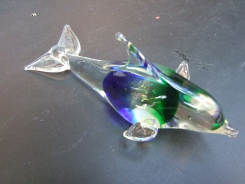 Vintage Blue  Art Glass Dolphin Paperweight 17cms long Decorative Ornament GIFT - Picture 1 of 10
