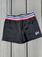 GK Elite Adult S Gymnastics Dance Fitted SHORTS  Black  Red/White/Blue Band 