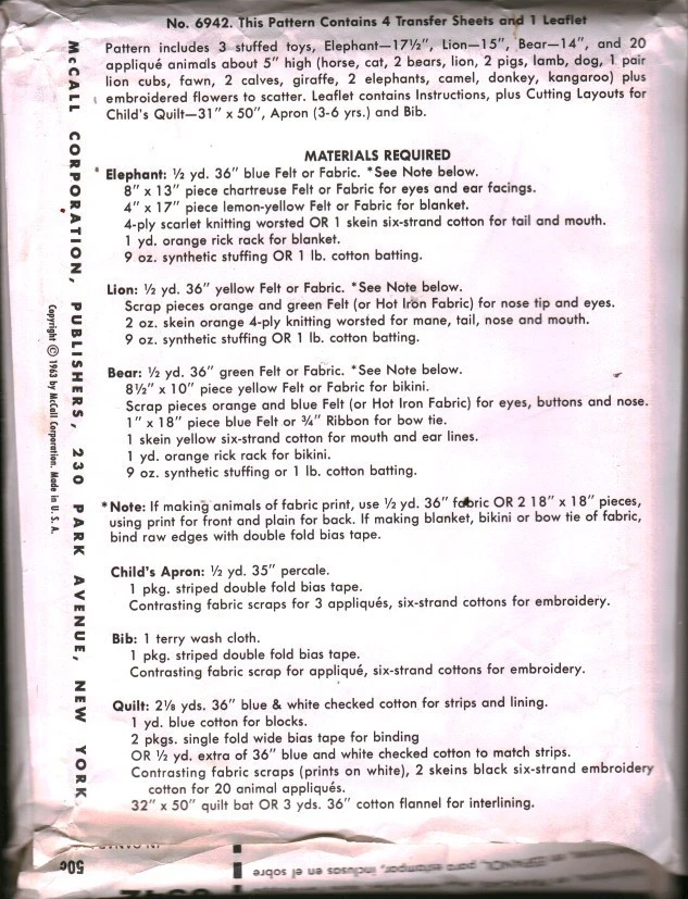 6942 Vintage McCalls SEWING Pattern Stuffed Toys Animal Applique Lion Elephant - Image 2 of 2