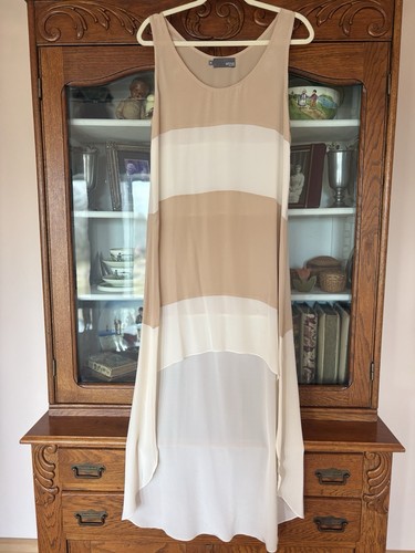 MYNE SIZE 4 BEIGE/IVORY STRIPED SILK HIGH LOW SHEER SUMMER DRESS SLEEVELESS!