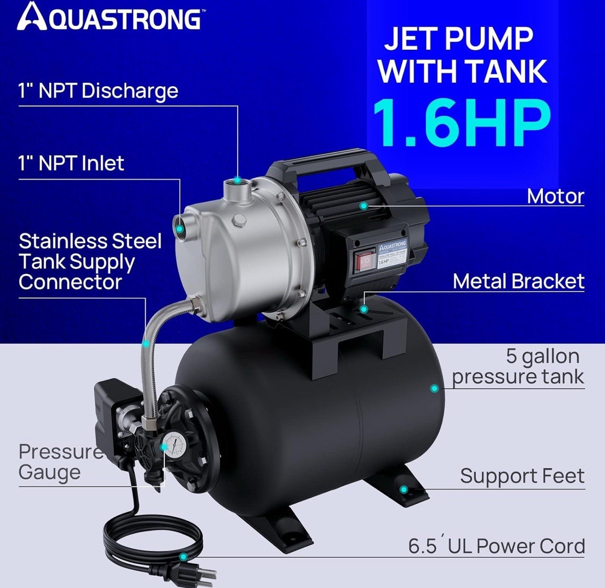 Aquastrong 1.6 HP Shallow Well Pump with Pressure Tank, 1320 GPH, 115V