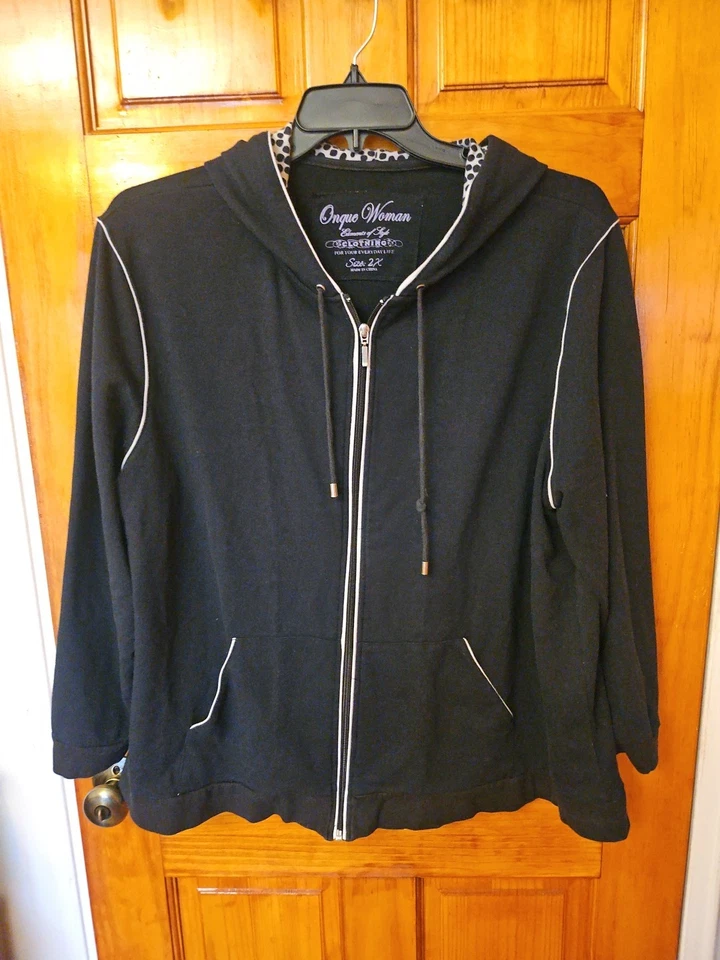 Onque Woman Casuals Hoodie Jacket Full Zip Black Striped Pockets Size 2X  - Image 2 of 4