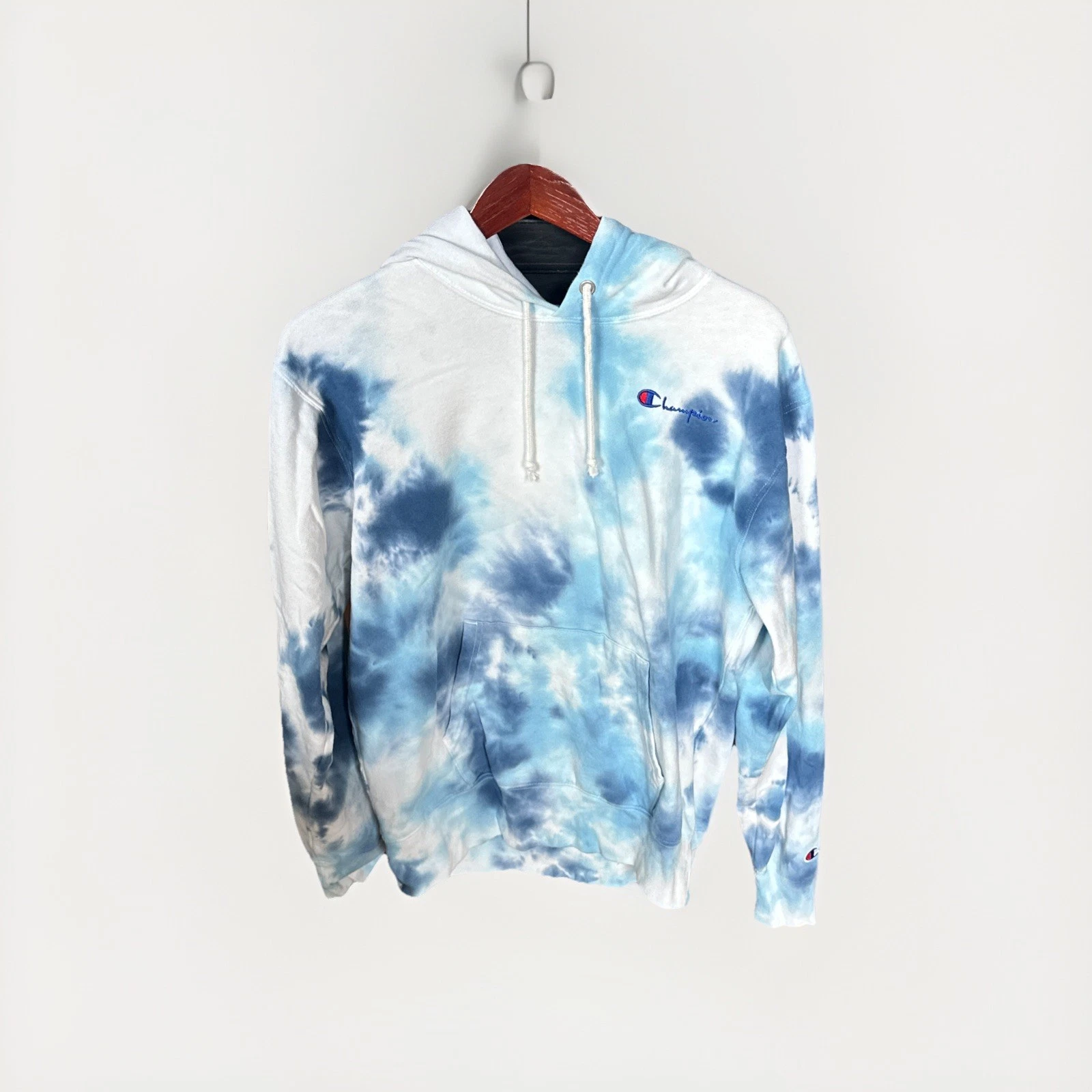 Champion Men's M Blue/White Tie-Dye Pullover Hoodie Fleece Logo Pockets
