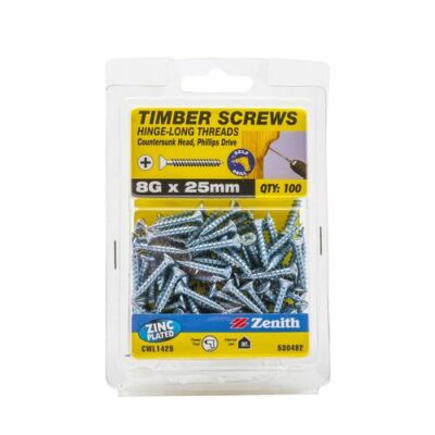 Zenith 8G x 25mm Zinc Plated Hinge-Long Thread Countersunk Head Timber Screws - 