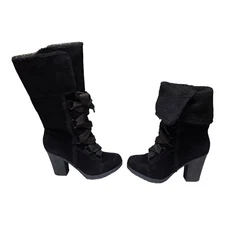 Nine West Magichat Black Suede & Faux Shearling Lace Up Boots Fold Over 9.5 NEW