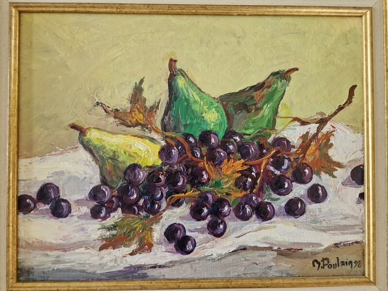 Michel Poulain oil on canvas still life with cherries pears painting