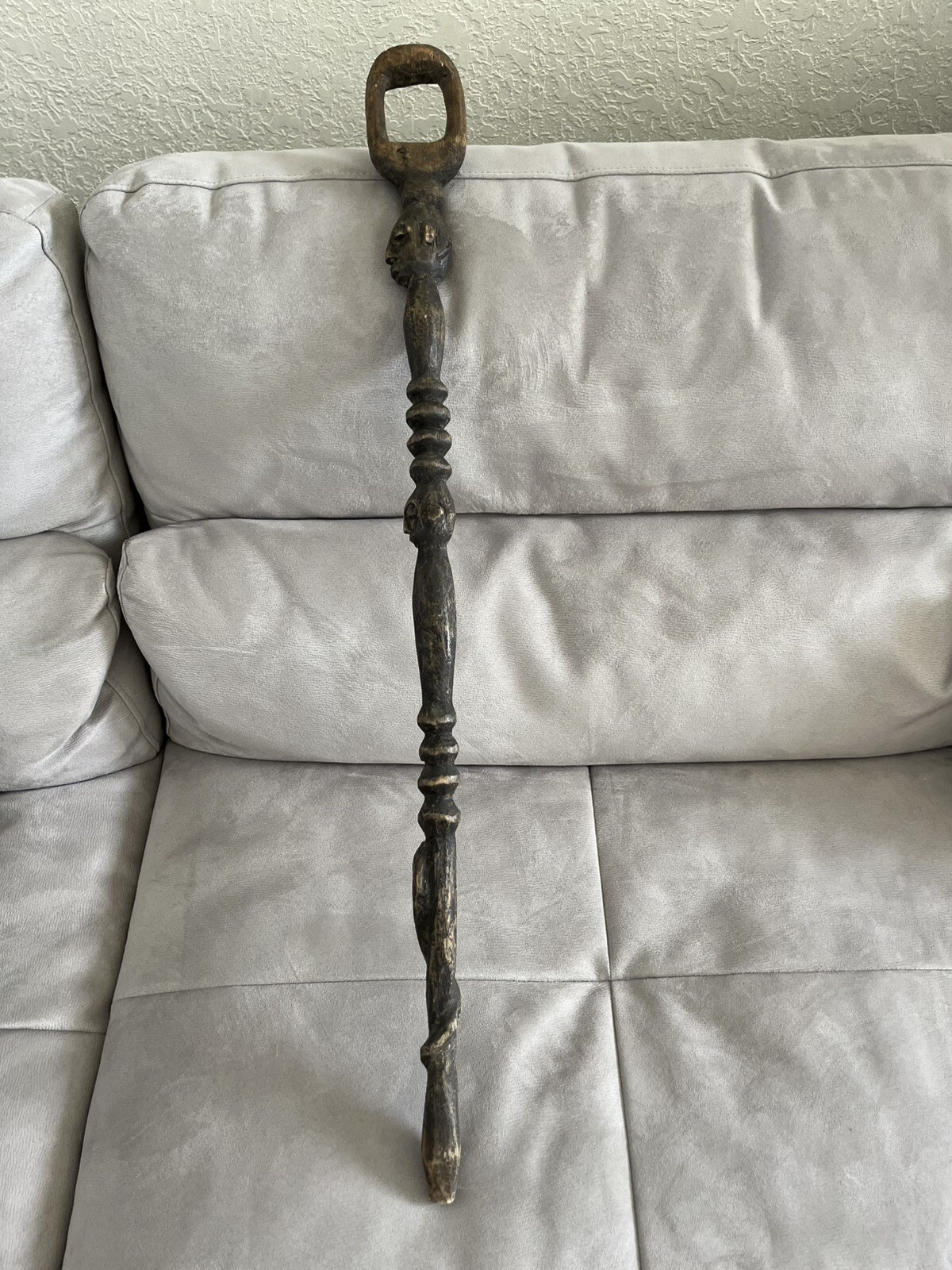 Antique African Tribal Art Walking Stick Hand Crafted Face Snakes