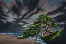 🔵 Bonsai on the Beach | Original Oil Painting Seascape Trees Art  Decor