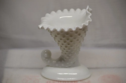 FENTON CORNUCOPIA VASE MILK GLASS HOBNAIL LACED EDGE NO CHIPS OR CRACKS 6" TALL
