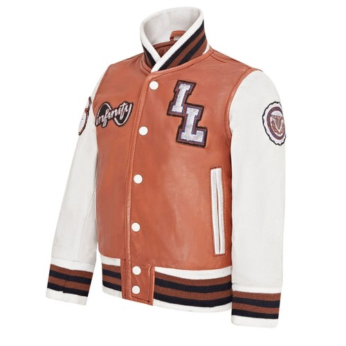 Kids Tan Brown Leather Letterman Bomber Jacket - Picture 2 of 8
