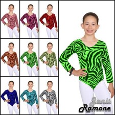 Girls Kids Zebra Print Long Sleeve Gymnastics Stretch Dance Leotard Bodysuit Top