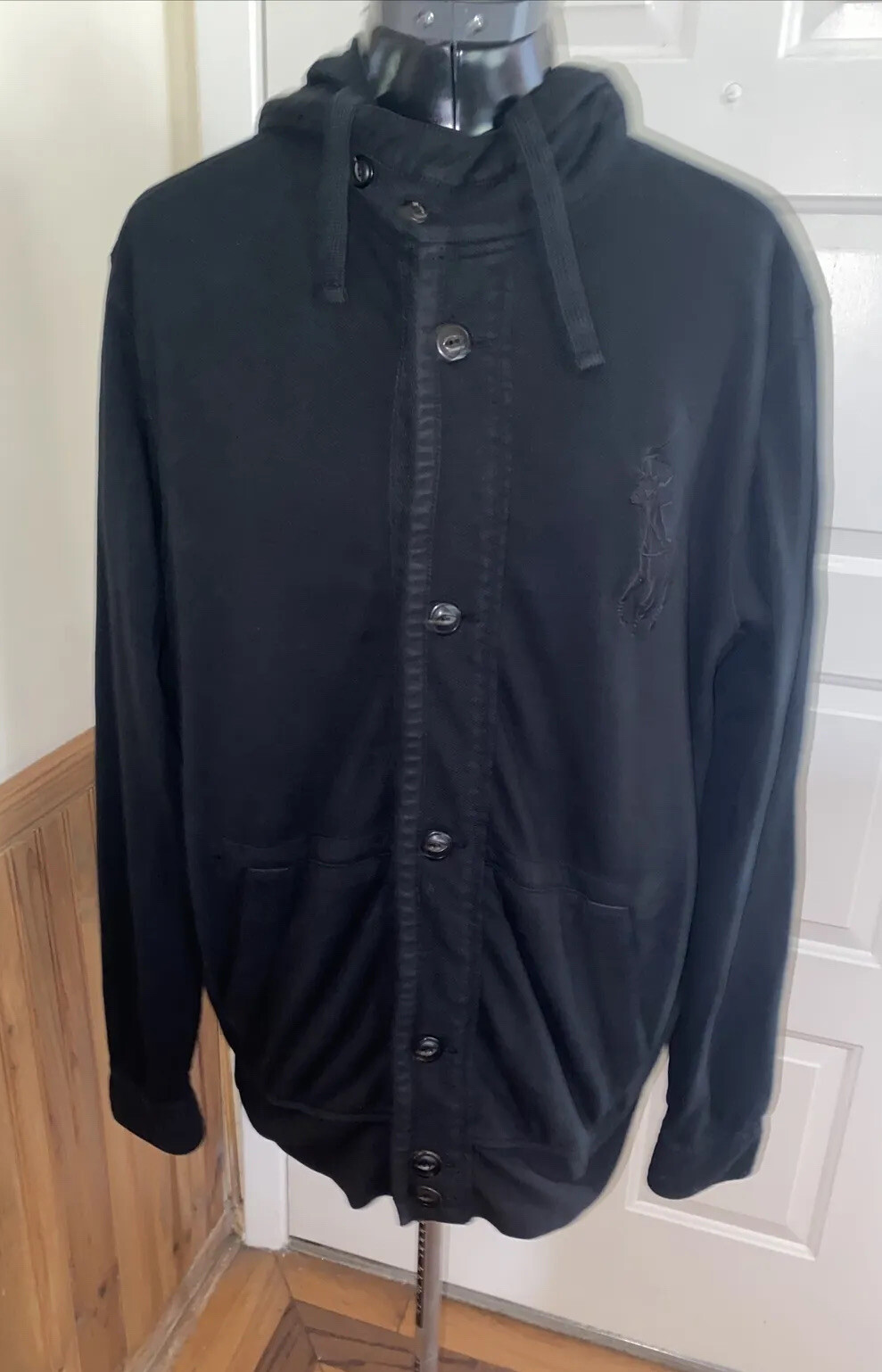 Polo Ralph Lauren felpa con cappuccio giacca donna media grande pony nero cotone bottoni davanti