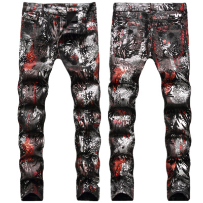 Printing Men's Jeans Trousers Stright Pants Motor Slim Fit Faux Leather Casual