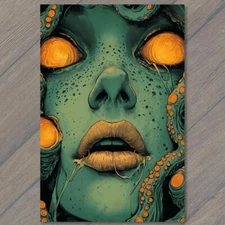 Art Print Woman’s Face Close-Up Orange Tentacles Surrounding Eyes Lips Scary