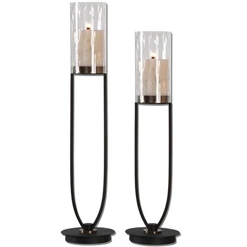 Uttermost Durga 2-Piece Metal and Glass Candle Holder Set in Matte Black/Beige - Picture 1 of 2