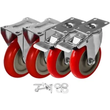4 Pack Combo 5" Red PU Caster Wheel w/ Hardware (2 Swivel Brake & 2 Rigid Fixed)
