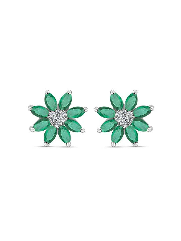 925 Sterling Silver FlowerLab Created Emerald Halo Stud Earrings - Image 4 of 4