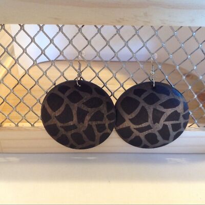 Silver Tone Circle Wooden Fashion Pierced Earrings 3''