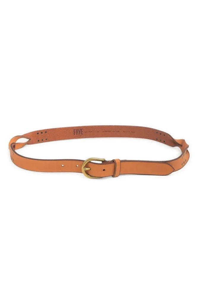 Frye Covered D-Ring Twisted Stud Tan Leather 25mm Belt Size  display picture 2