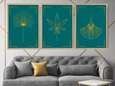 ART Deco Leaves Teal Gold Effect Line Print Wall Poster Gift 2 Set Of 3