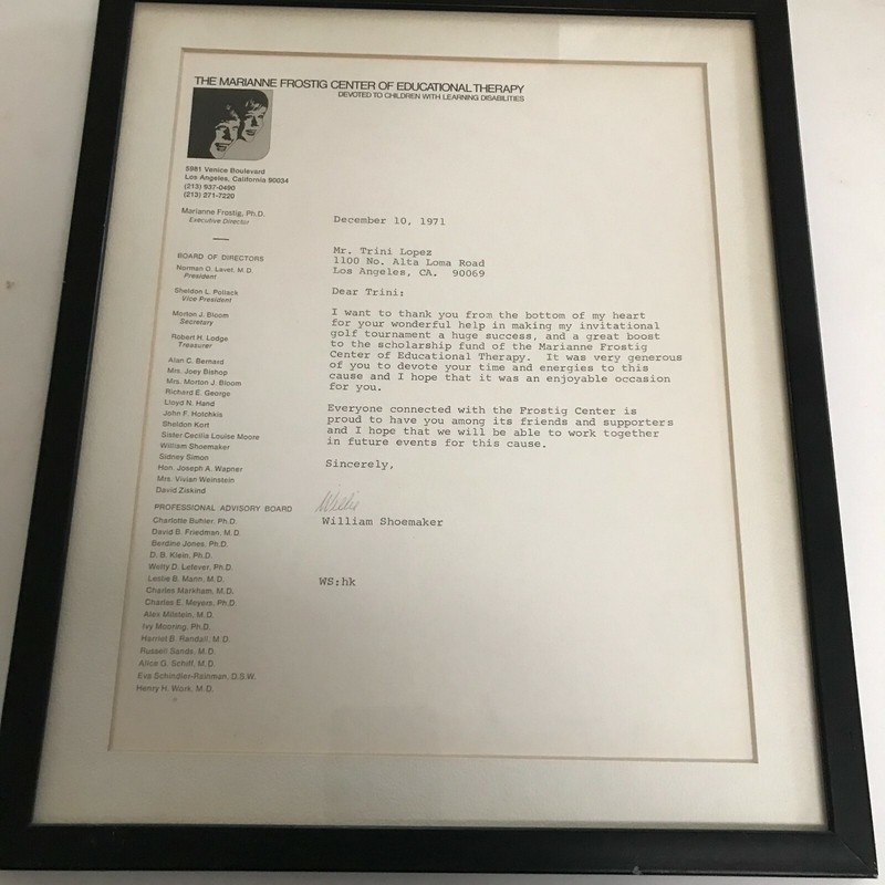 SIGNED FRAMED, MATTED LETTER FROM JOCKEY WILLIE SHOEMAKER TO TRINI LOPEZ