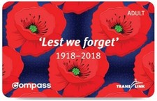 Canada 2018 Vancouver Translink Compass Card for Adult - 100th Remembrance Day