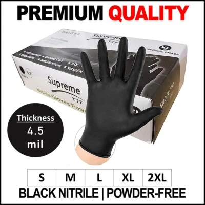 SUPREME TTF Extra Strong Black Disposable Gloves 4.5mil Thick Nitrile Powder & Latex Free