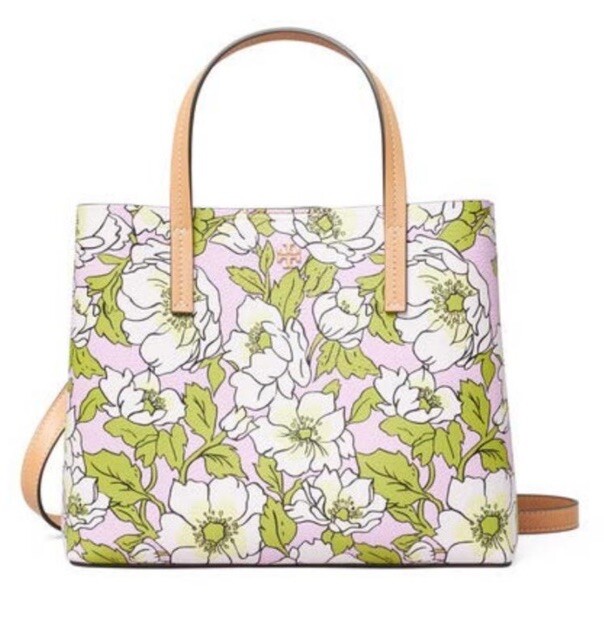 Tory Burch Blake Bold Flowers Small Tote Bag Pink Green FLORAL Leather Purse NWT