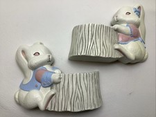 VTG Kitchsy Burwood Products Set of 2 Wall Pockets Bunnies/Rabbits Made In USA