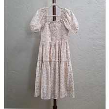 D116. Floral Smocked Midi Dress Puff Sleeve Eyelet Detail